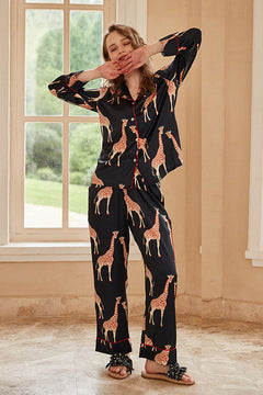 Giraffe Long-Sleeve Ice Silk Loungewear Set - Black