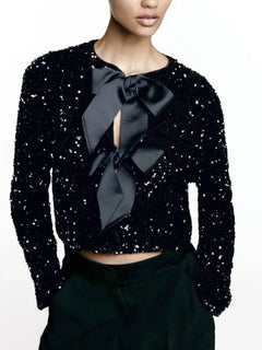 Bow Tie Textured Cardigan & Mid Rise Sequin Skort