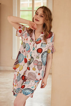 Hot Air Balloon Print Open-Front Short-Sleeve Pajama Set