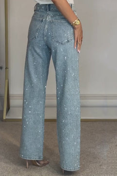 High Waisted Diamanté Straight Leg Jeans