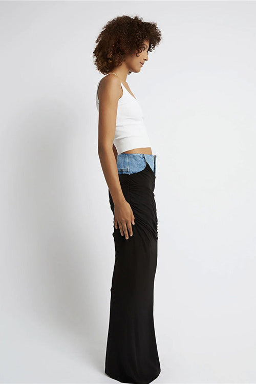 Black Ruched Denim Skirt