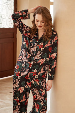 Jaguar and Floral Print Long-Sleeve Loungewear Set