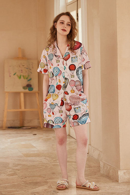 Hot Air Balloon Print Open-Front Short-Sleeve Pajama Set