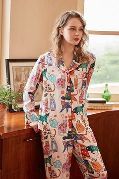 Cute Cat Print Ice Silk Long-Sleeve Pajama Set