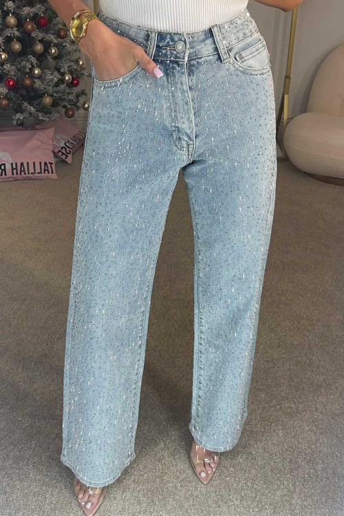 High Waisted Diamanté Straight Leg Jeans