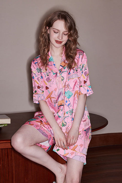 Elephant and Furniture Print Short-Sleeve Loungewear Set