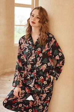 Jaguar and Floral Print Long-Sleeve Loungewear Set