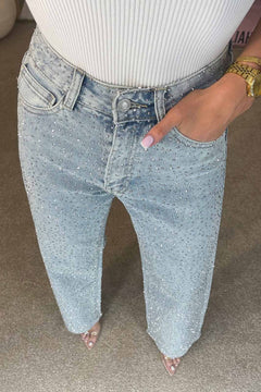 High Waisted Diamanté Straight Leg Jeans