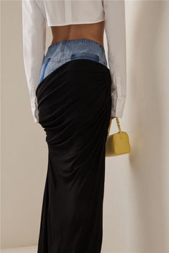 Black Ruched Denim Skirt