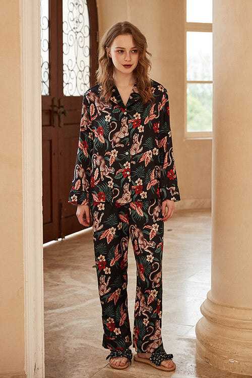 Jaguar and Floral Print Long-Sleeve Loungewear Set