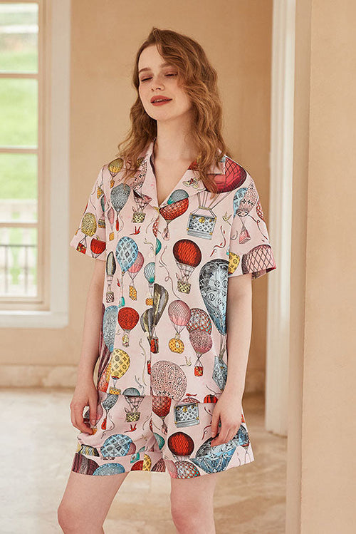 Hot Air Balloon Print Open-Front Short-Sleeve Pajama Set