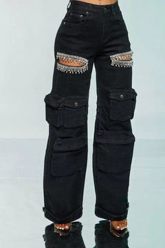 Cut Out Rhinestone Cargo Jeans