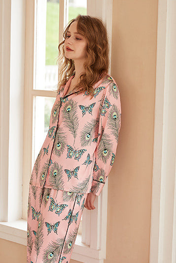 Phoenix Feather and Butterfly Print Long-Sleeve Pajama Set