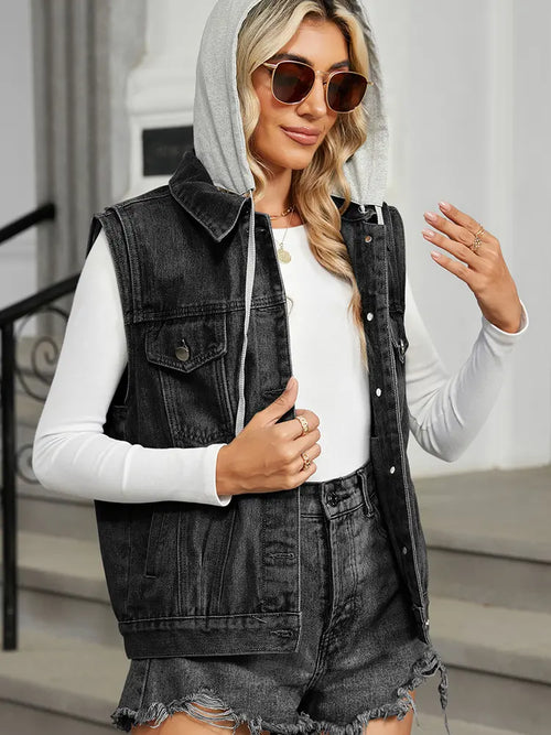 Hooded Denim Vest with Sleeveless Design