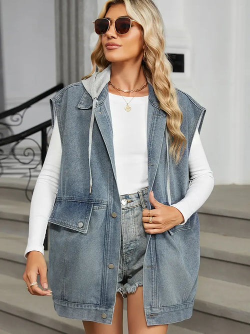 Washed Loose Pocket Hooded Denim Vest