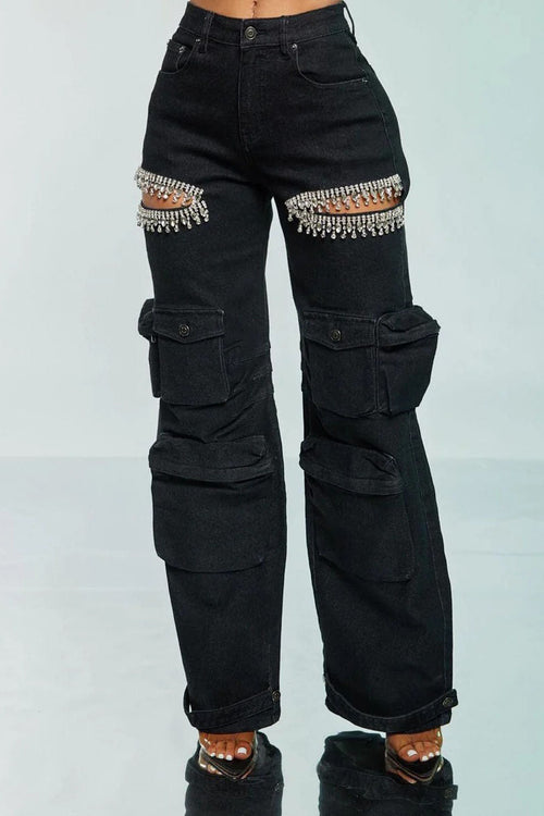 Cut Out Rhinestone Cargo Jeans