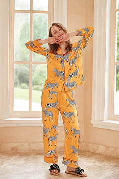 Zebra Print Long Sleeve Loungewear Set - Yellow