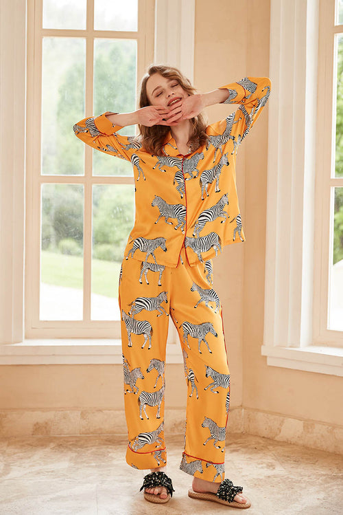 Zebra Print Long Sleeve Loungewear Set - Yellow