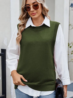 Casual Versatile Solid Button Slit Knit Sweater