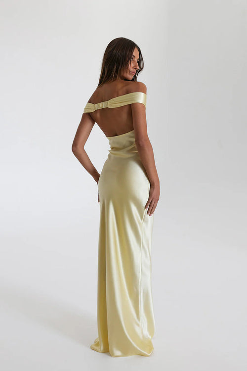 Off Shoulder Satin Maxi Dress