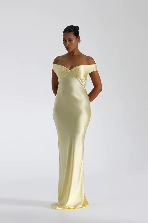 Off Shoulder Satin Maxi Dress