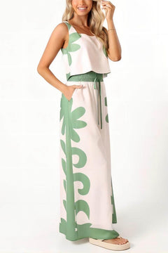 Sleeveless Folk Floral Loose Wide-Leg Pants Set